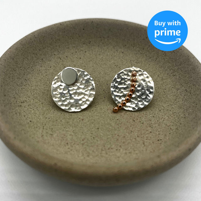 Beaded Bar Rose Gold Bar Climber Stud Earring - Argentium Silver Textured Disc - Ear Jacket