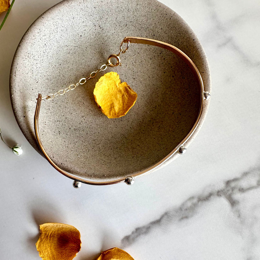 Adjustable 14kt Gold-Filled Pebble Bangle Bracelet – Mixed Metal with Argentium Silver Beads