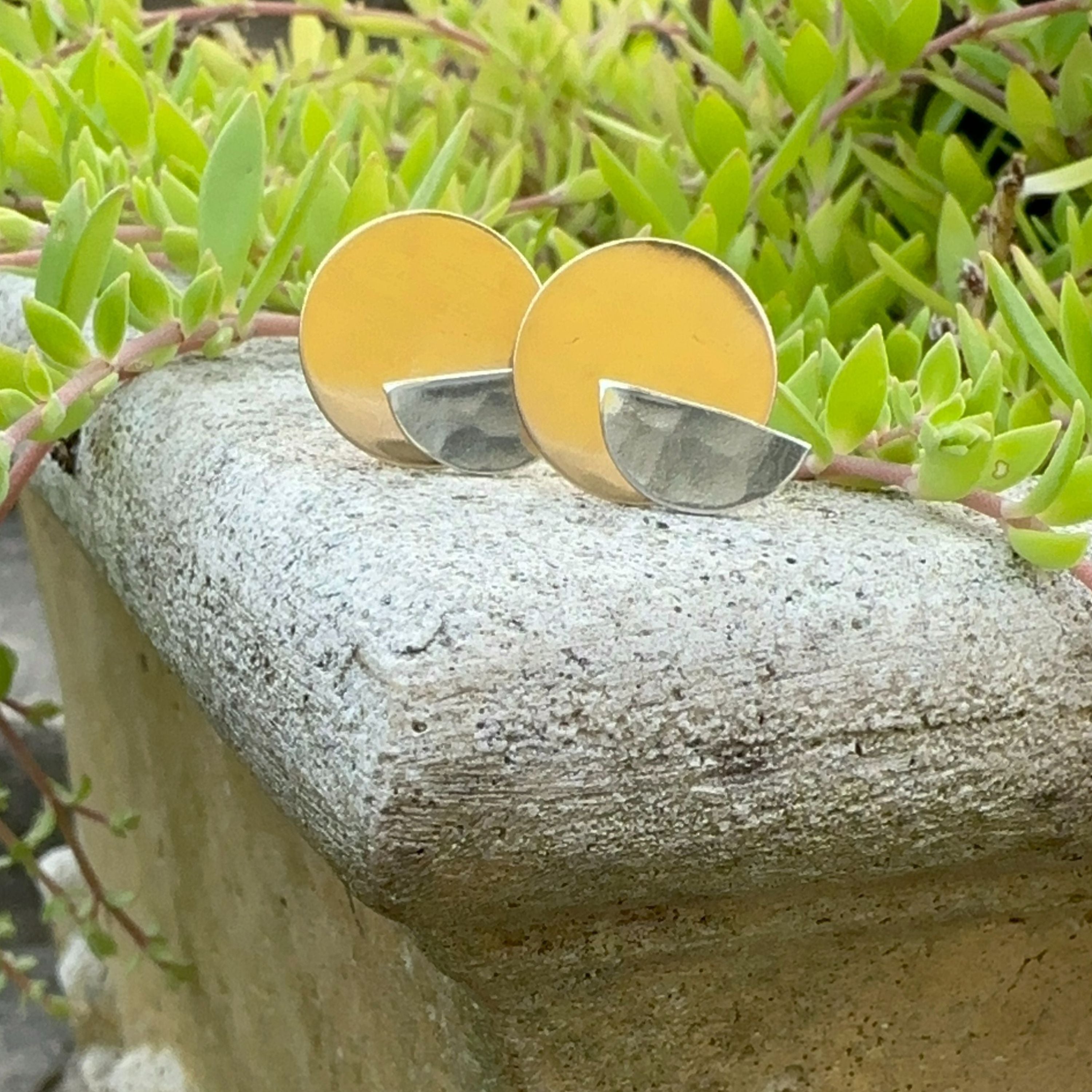 Half Moon Argentium Silver Stud with 14kt Gold-Filled Disc Ear Jacket Earring