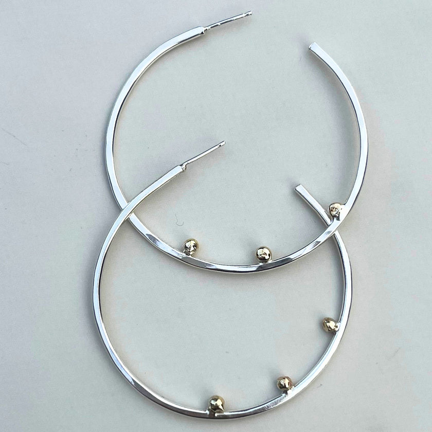 Argentium Silver Hammered Hoop Earrings with 14K Solid Gold Pebble