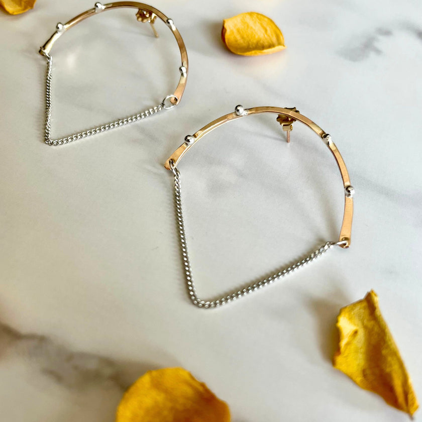 Mixed Metal Beaded Chain Hoop Earrings – 14kt Gold-Filled with Argentium Silver Beads