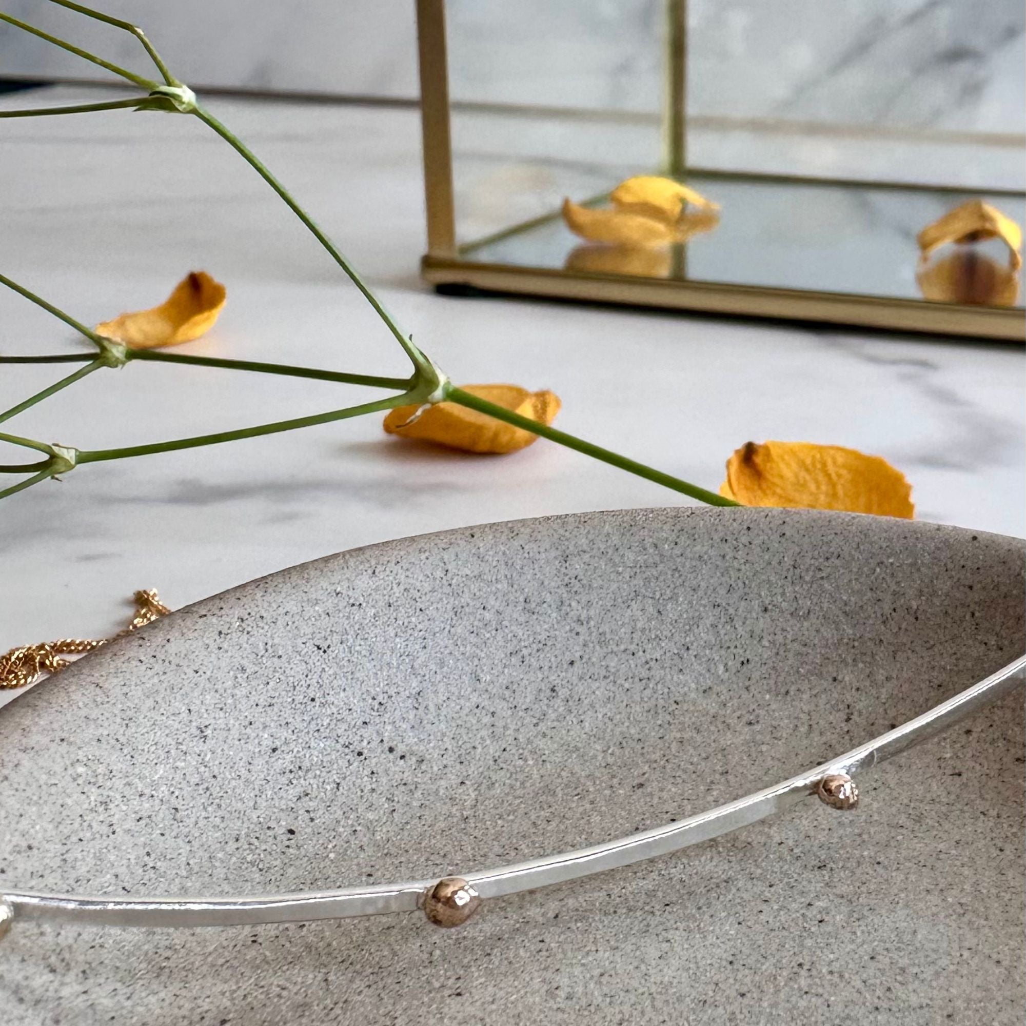Mixed Metal Bar Necklace – Argentium Silver & 14kt Solid Gold Pebble Beads on Gold-Filled Chain