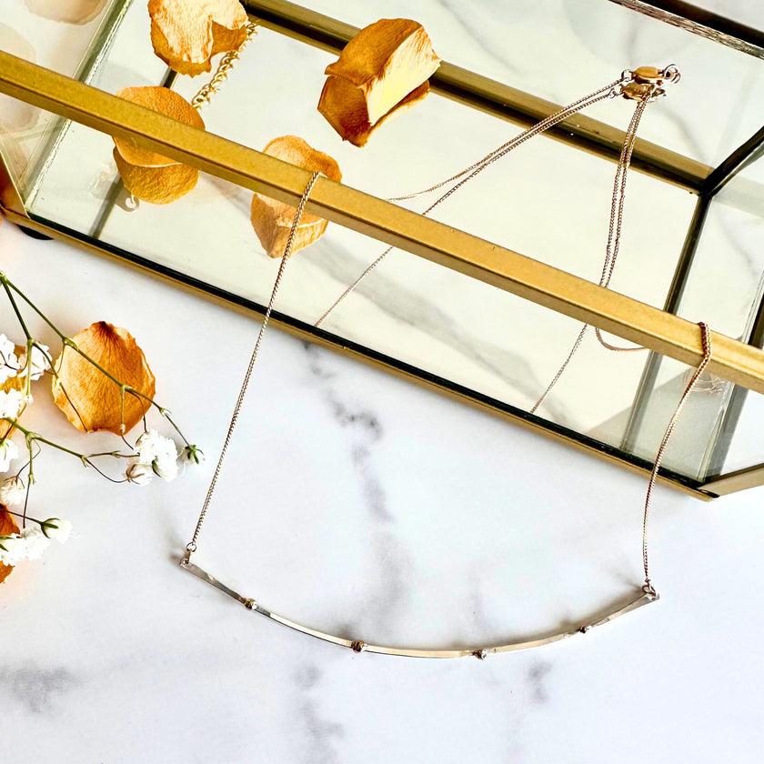 Mixed Metal Bar Necklace – Argentium Silver & 14kt Solid Gold Pebble Beads on Gold-Filled Chain