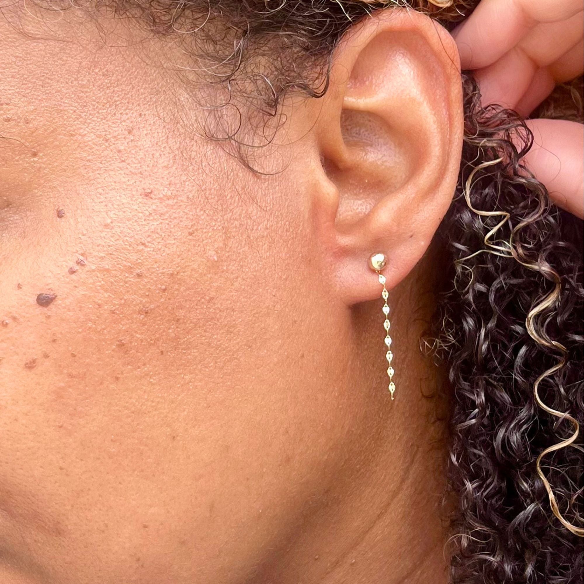 14kt Gold Pebble Stud Drop Chain Earring
