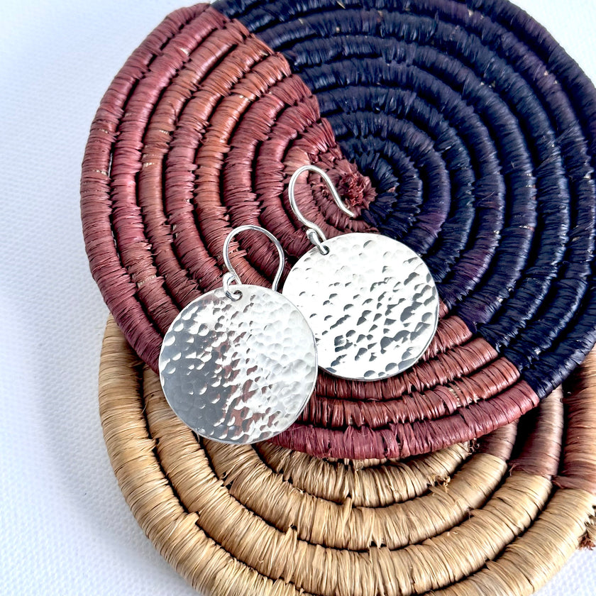Steel Pan Silver Hammered Disc Earrings - Nickel Free Hypoallergenic - The Pink Locket