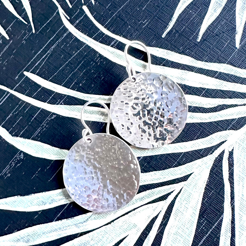 Steel Pan Silver Hammered Disc Earrings - Nickel Free Hypoallergenic - The Pink Locket