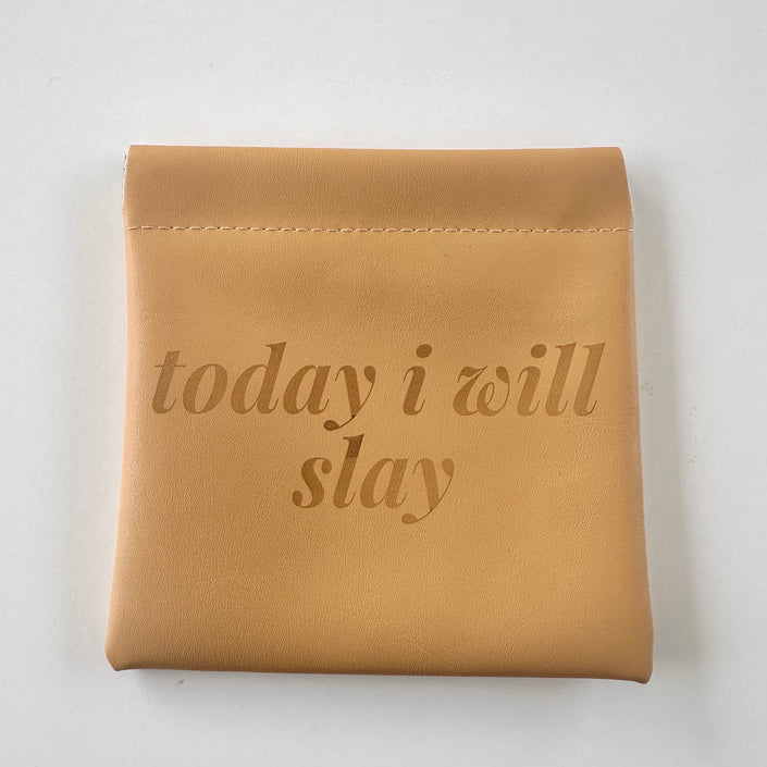 Tan Leatherette Jewelry Pouch with Motivational Quote - Today I Will Slay - The Pink Locket