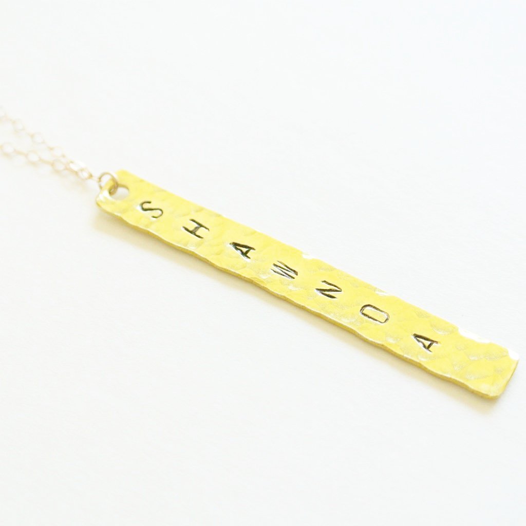 Hand Stamp Gold Bar Necklace - Hammered with Vertical Hang