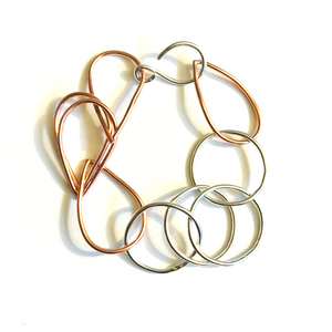 Mixed Metal Chunky Link Bracelet - Copper and Sterling Silver - Circle and Tear Links - Adjustable