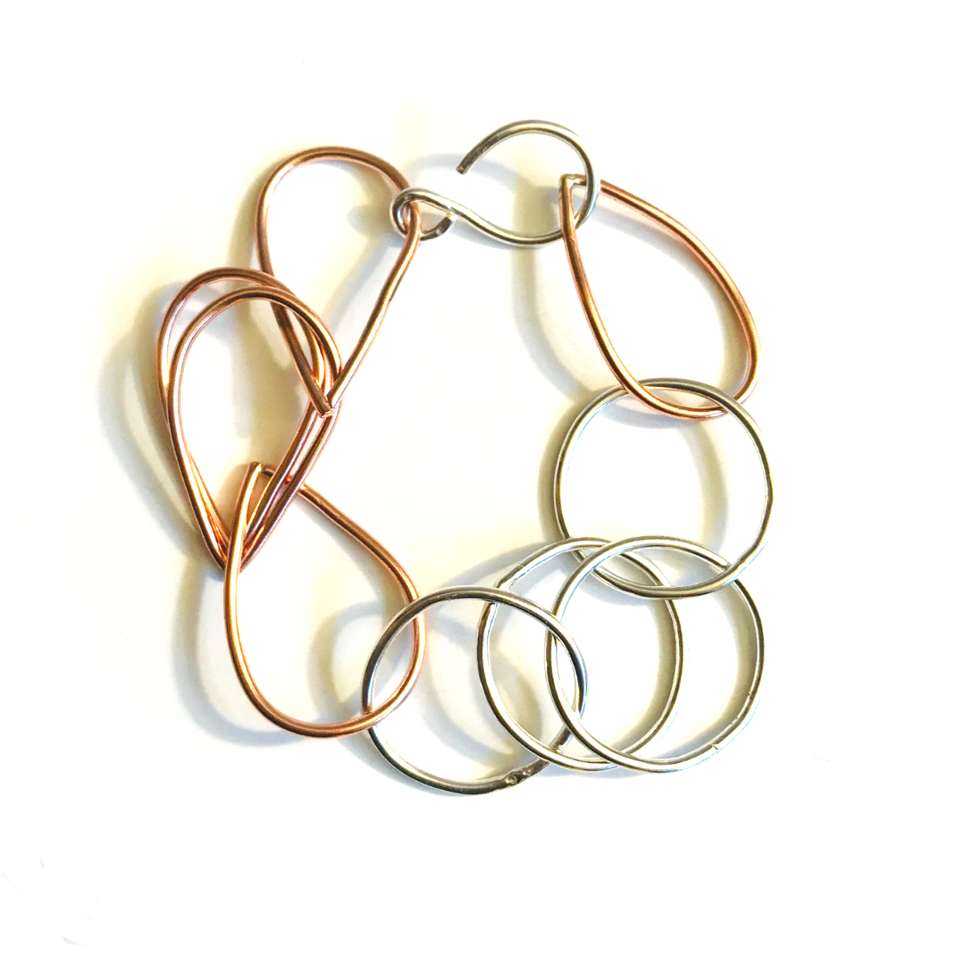 Mixed Metal Chunky Link Bracelet - Copper and Sterling Silver - Circle and Tear Links - Adjustable