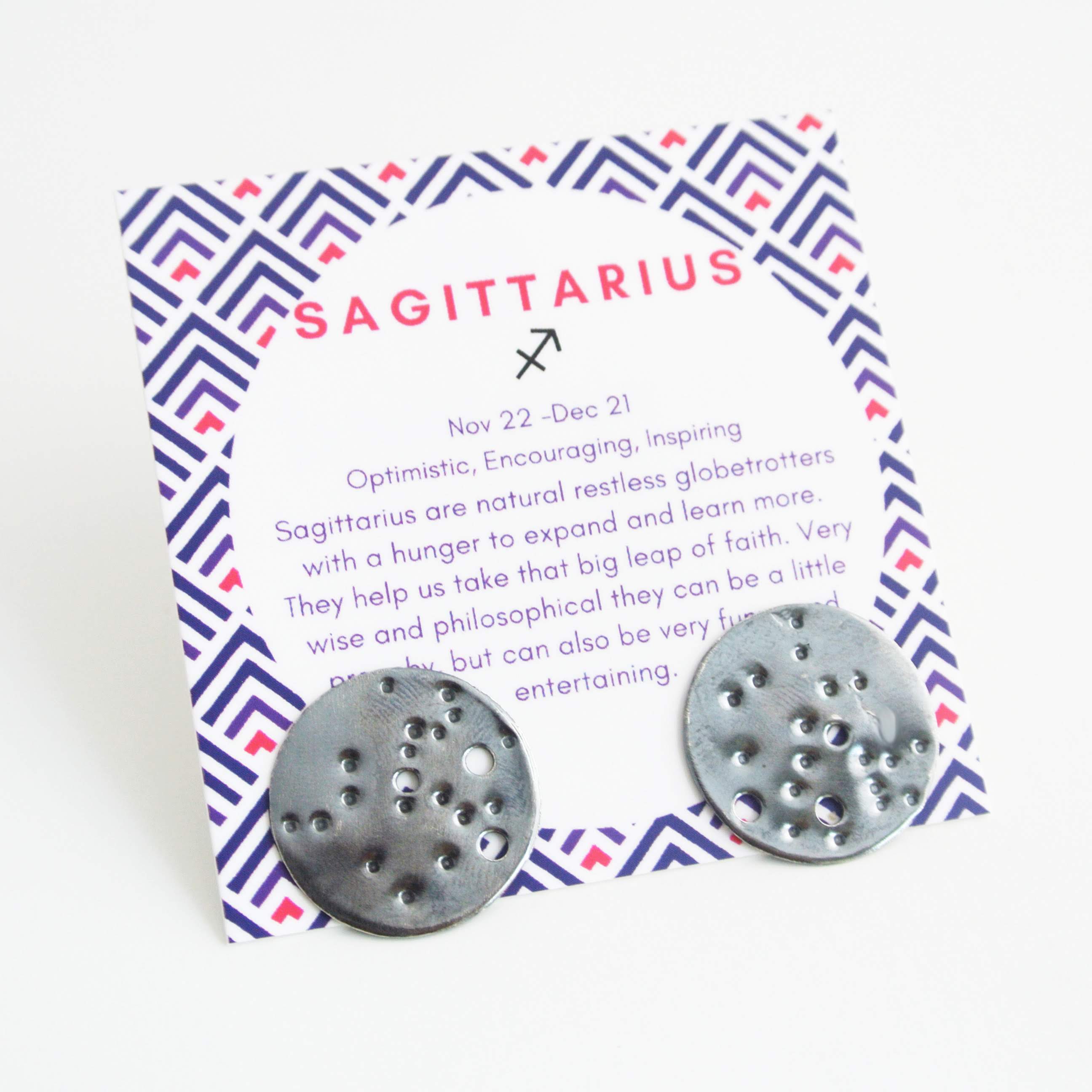 Sagittarius Zodiac Constellation Sterling Silver Disc Earrings