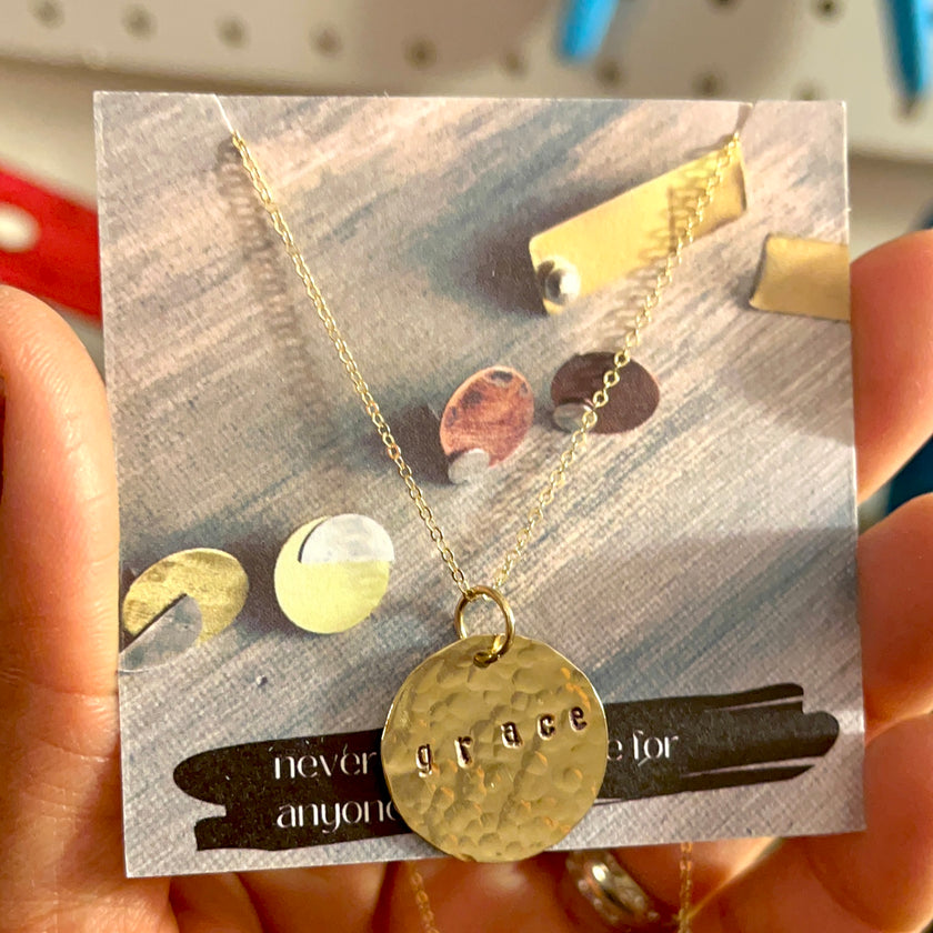 Gold Stamped Disc Coin Necklace - Hammered or Smooth Finish 14k gold-filled - The Pink Locket