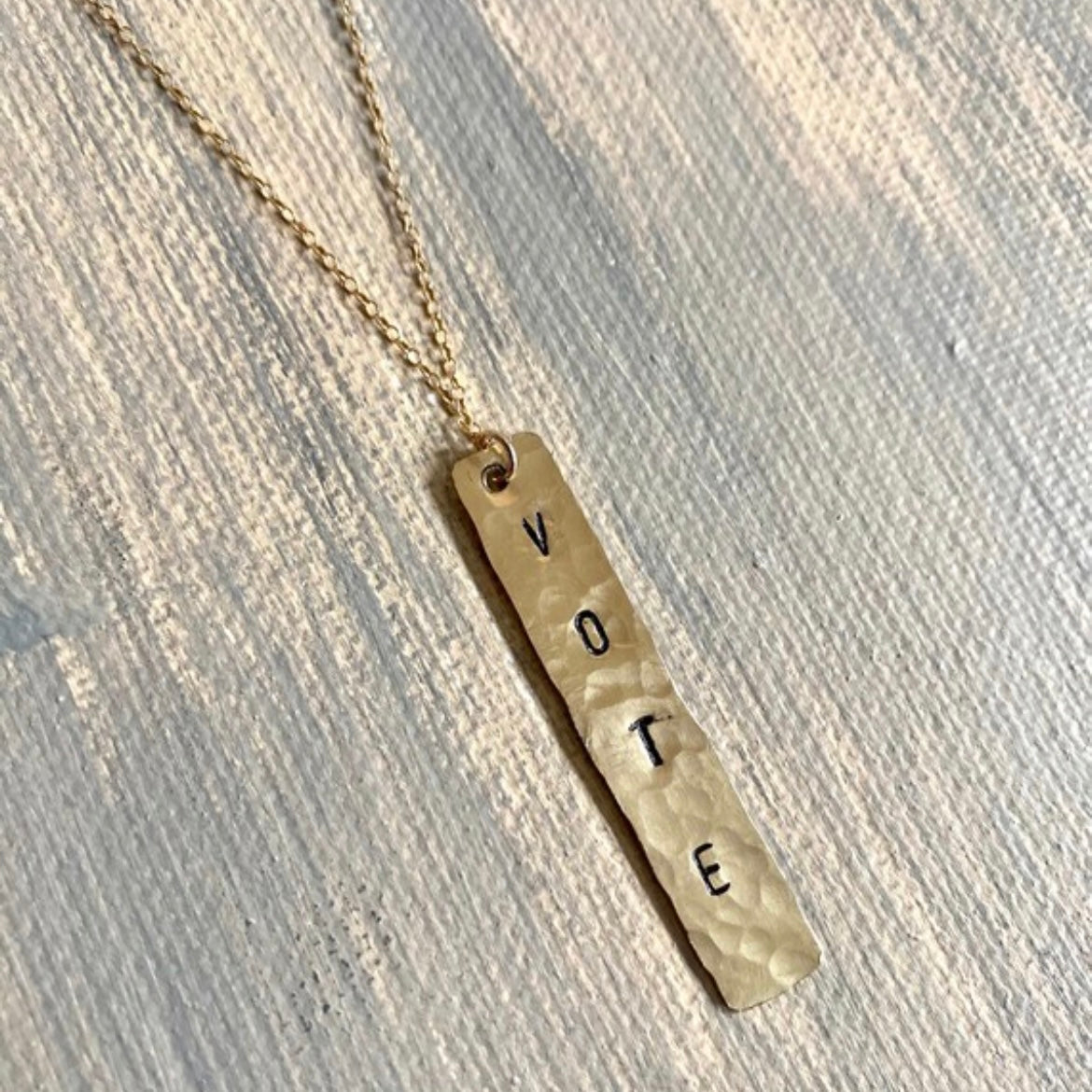 Hand Stamp Gold Bar Necklace - Hammered with Vertical Hang
